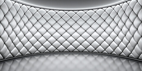 Obraz premium Curved silver wall with quilted diamond pattern in luxury interior space, abstract futuristic backdrop with reflective floor and soft light