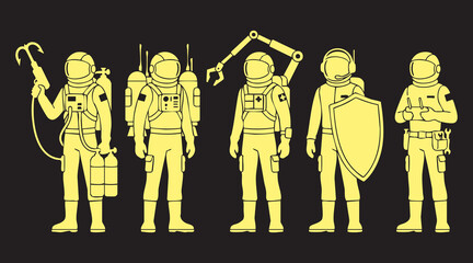 Stylized yellow vector illustration depicting futuristic astronauts wearing diverse specialized gear for space mission exploration tasks © Duel