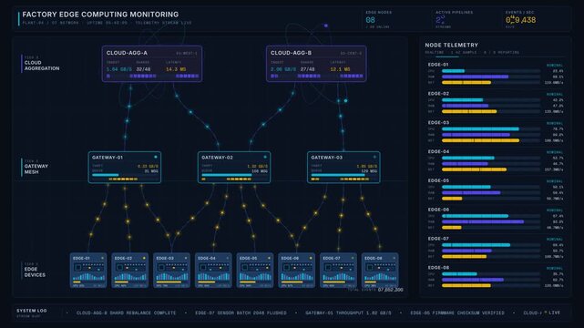 A detailed dark-mode factory edge computing monitoring scene showcasing a layered architecture diagram with animated data flows and metrics in a high-tech environment.