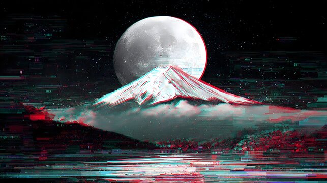 Cyberpunk mountain landscape with digital distortion