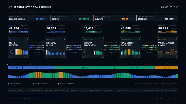 Visualizing an Industrial IoT Data Pipeline as a Flowing River Metaphor with Animated Nodes and Particle Streams in a Dark Background professional stock footage for technology, business, and.