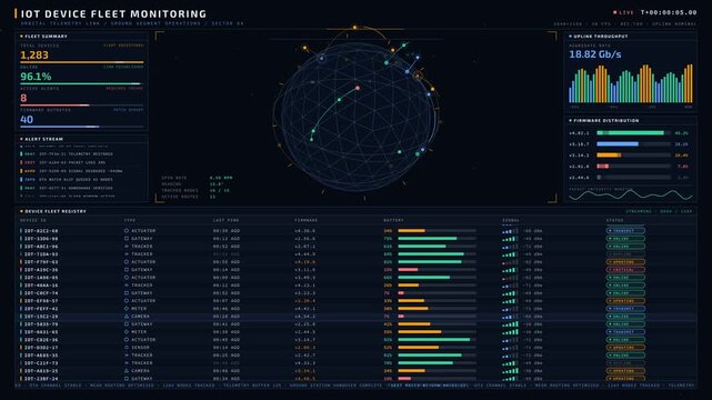 Monitor your IoT device fleet with a rotating globe and animated data transmission routes in a futuristic space mission control setting. professional stock footage for technology, business, and.