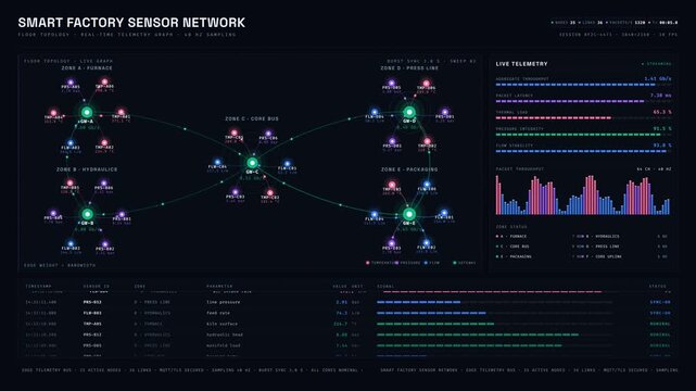 Visual representation of a smart factory sensor network with glowing node orbs, animated data packets, and a dark indigo background featuring a hex-grid overlay.