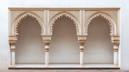 Naklejka premium Ornate triple arches in beige stone with intricate carvings, reflecting classic architectural elegance