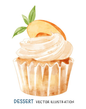 Cupcake with peach in watercolor painting. Vector food illustration.	