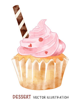 Muffin with pink cream in watercolor painting. Vector food illustration.	