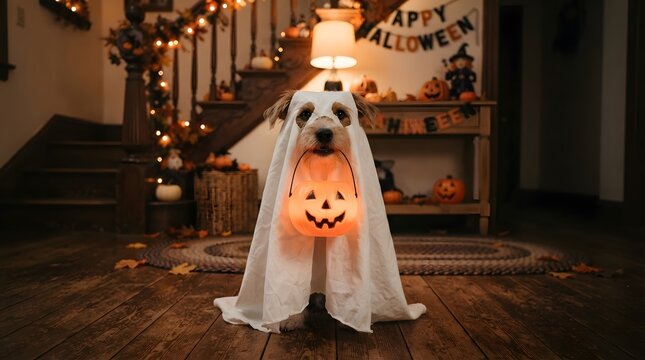 A cute dog dressed as a ghost sitting in a decorated home holding a glowing jack o lantern