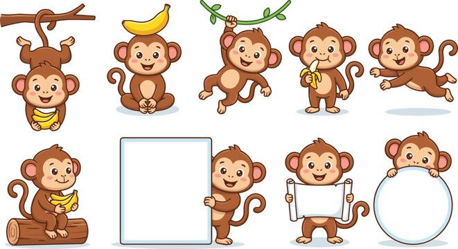 Cute Monkey Vector Character Set Featuring Playful Chimpanzees Hanging on Vine Eating Bananas and Holding Blank Boards for Presentation Graphic Designs