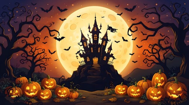 Spooky haunted castle silhouette standing in front of a giant full moon with glowing jack o lanterns at night