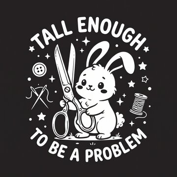 Cute Bunny Holding Giant Sewing Scissors Tall Enough To Be A Problem Funny Crafting Vector Illustration