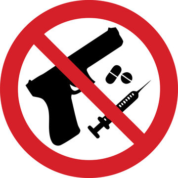 Bold prohibition sign with black silhouettes of a handgun, pills, and syringe inside a red circle, concept for zero tolerance against drugs and violence, perfect for public safety guidelines design
