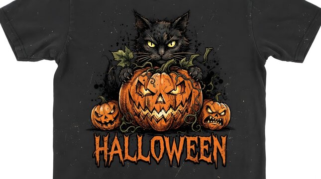 Black cat sitting on top of a spooky carved jack o lantern pumpkin for a halloween themed t shirt design