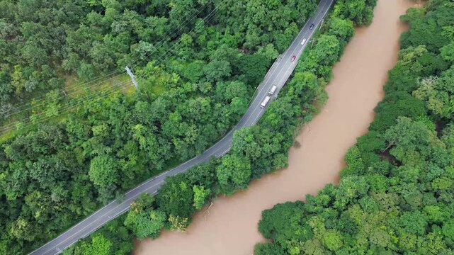Aerial Forest Road Through Tropical Landscape for ESG Sustainability and Net Zero Strategy