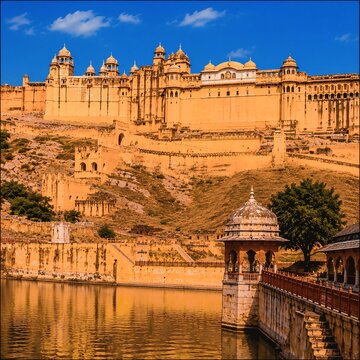 Amer Fort (Amber Fort) in Jaipur Rajasthan India with Maota Lake and Blue Sky