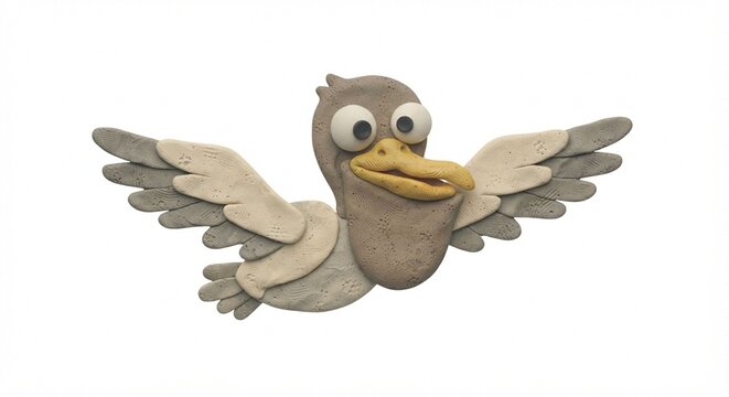 Pelican. Cute, clay pelican, funny cartoon water bird, 3d coastal animal illustration.