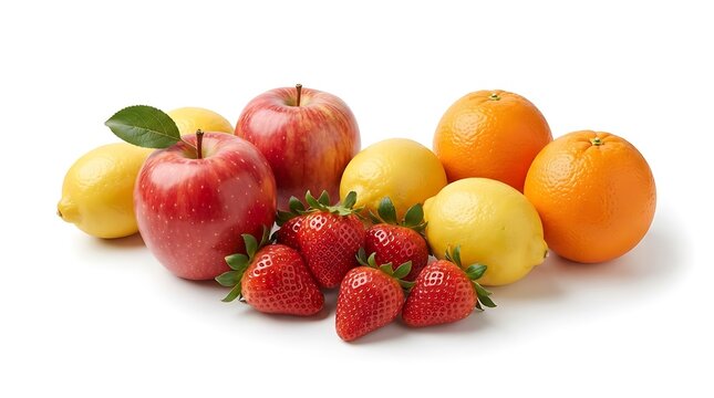 Fresh assortment of organic fruits including red apples, yellow lemons, oranges, and strawberries isolated on white background