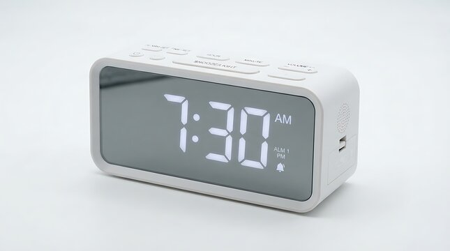 Modern white digital alarm clock displaying 730 AM on a clean light gray background