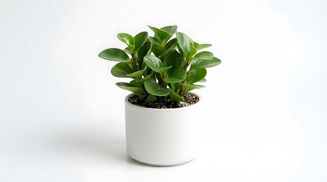 Small green Peperomia houseplant in a white ceramic pot isolated on a clean white background, ideal for minimalist home decor and interior design