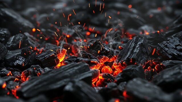 Glowing charcoal embers with smoke and sparks rising from a hot fire, closeup view of burning coal texture for background
