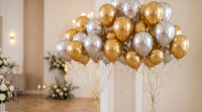 Elegant gold and silver balloons in luxury ballroom. Festive party decorations for wedding or anniversary. Glamorous helium balloon arrangement.