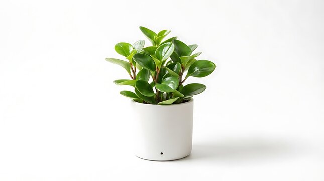 Peperomia obtusifolia plant in a minimalist white ceramic pot on a white background