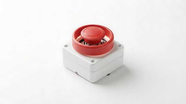 A red industrial emergency stop button mounted on a white plastic base isolated on a white background for safety and industrial control systems