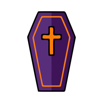 Spooky Halloween purple coffin vector illustration with an orange cross symbol for holiday design