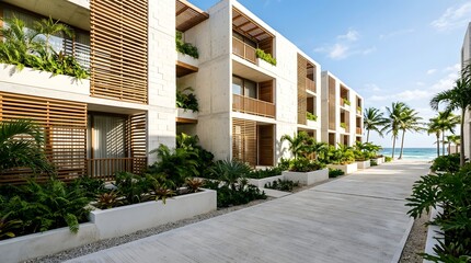 Fototapeta premium Modern luxury apartment complex with tropical landscaping and ocean view in Mexico.