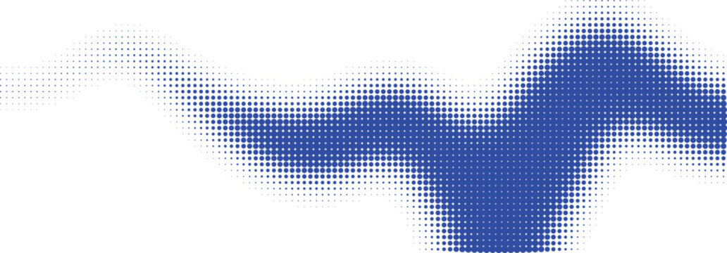 Abstract blue wave shape created with small dots and halftone pattern effects for modern graphic design projects and digital background textures isolated on transparent background, Vector