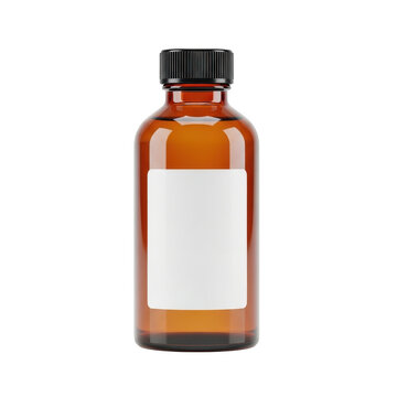 Amber glass bottle with blank label for medicine or oil isolated on transparent background