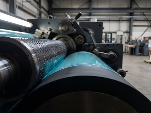 Close-up view of an anilox roller system in an industrial flexographic printing machine inside a professional factory