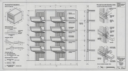 Obraz premium Technical architectural drawing showing structural precast concrete assembly details for a building facade.