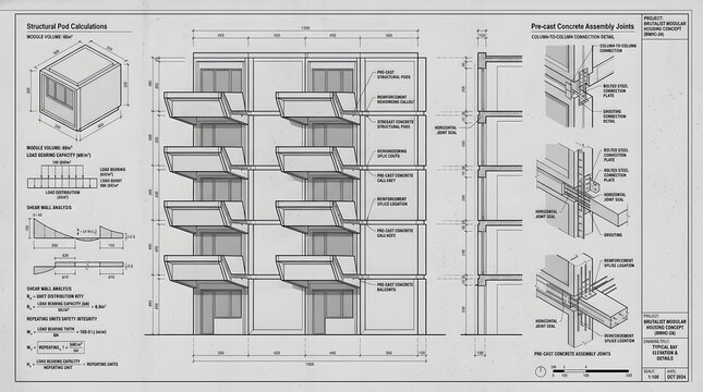 Technical architectural drawing showing structural precast concrete assembly details for a building facade.