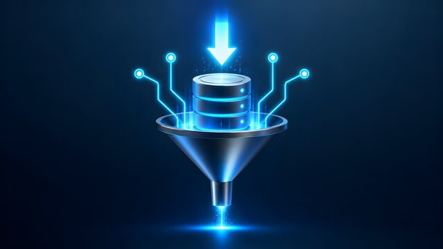 3D conceptual render of a glowing blue server rack passing through a metal funnel with a downward arrow, illustrating big data filtering, information extraction, and database management.
