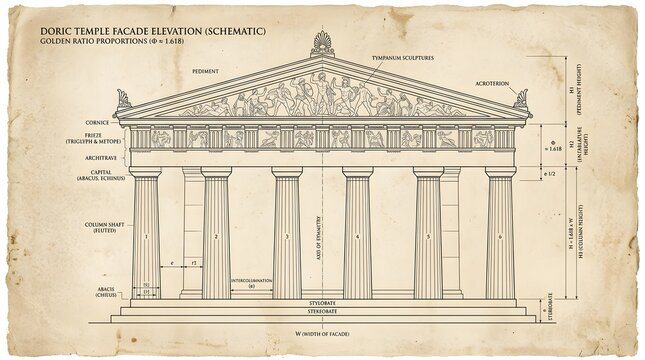 Architectural drawing of a classical Greek Doric temple facade with golden ratio proportions.