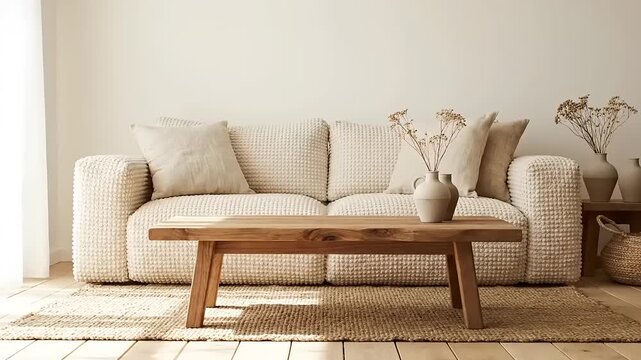 Boucle sofa stands behind a rustic wooden coffee table in a sunlit Scandinavian living room.