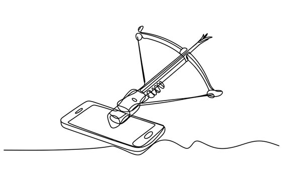 Continuous single line drawing of a crossbow aiming at a mobile phone screen Vector, illustration