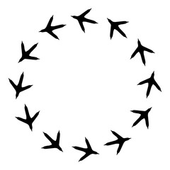 Fototapeta premium Turkey bird foot print circle border. Chicken Foot silhouette round border. Bird foot print silhouette. Bird footprint trails forming circle