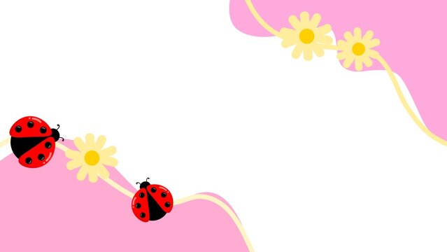 Cute pink floral background with ladybugs and yellow daisies. Cheerful spring background. Summer wavy background with ladybug and flower