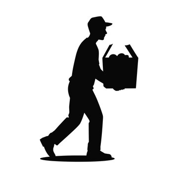 Delivery man carrying heavy box filled with groceries, depicting transport and consumer service