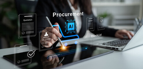 Naklejka premium A business professional engages with AI technology for procurement processes, interacting with digital documents and a checklist in a contemporary office setting. Cyphers