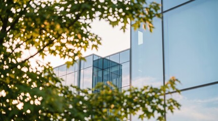 Fototapeta premium Modern glass building facade with green tree leaves in foreground reflecting sky and urban architecture.