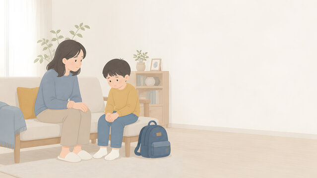 ランドセルを置いて相談する親子の支援イラスト