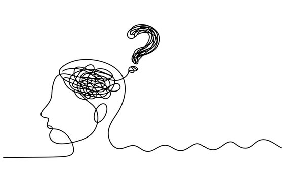 Continuous single line drawing of a human head profile with a messy brain tangle and a question mark symbol representing confusion and mental health struggle Vector, illustration