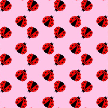 Ladybug seamless pattern background. Ladybug doodle background. Red beetle cartoon background. Ladybug repeat pattern. Summer decorative background