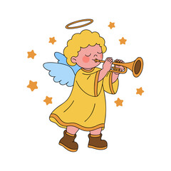 Cute Christmas Angel Playing Trumpet with Stars © Максим Непомящий