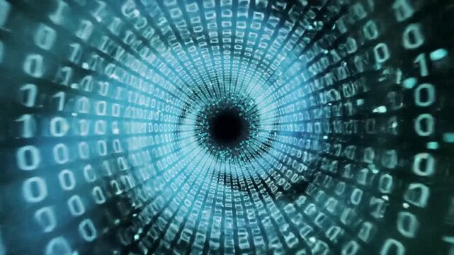 Digital data tunnel with glowing binary code numbers and cyber vortex