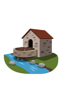 Old stone mill building with water wheel beside a flowing stream, isometric vector illustration icon featuring rustic architecture, river rocks, green grass landscape, medieval rural scenery