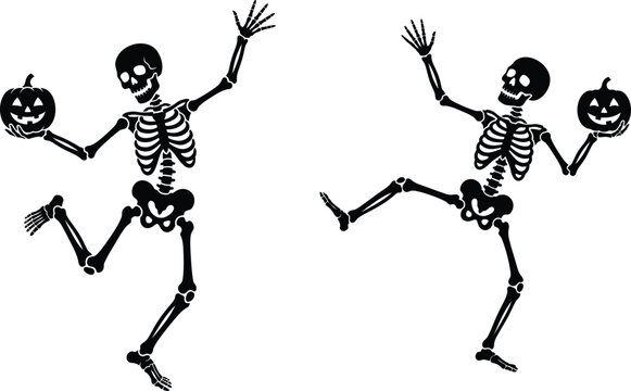 Two black silhouettes of dancing skeletons holding carved jack o lantern pumpkins, isolated on a white background, for halloween themes