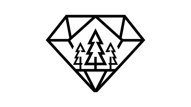 Minimalist diamond logo with pine trees, geometric forest line art, black and white outdoor adventure emblem for branding